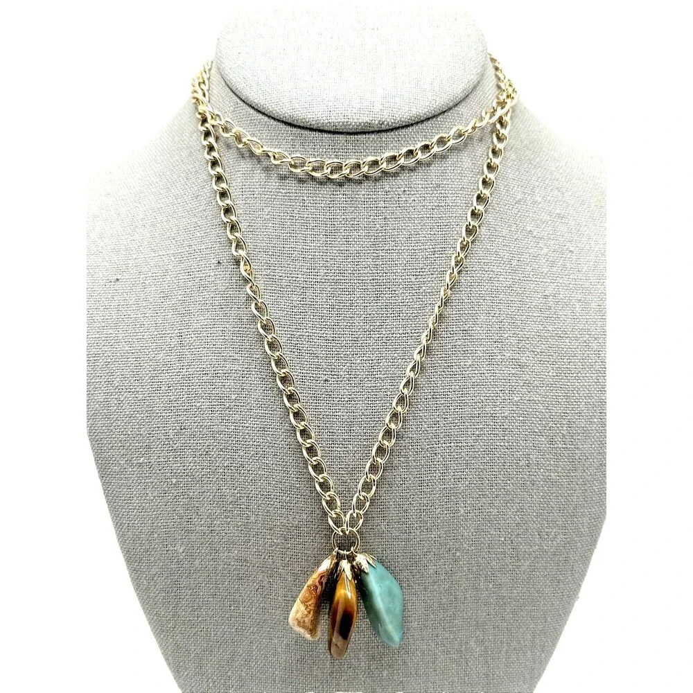 Vintage Organic Semi Precious Stone Pendant Necklace Gold Tone Dangles 30